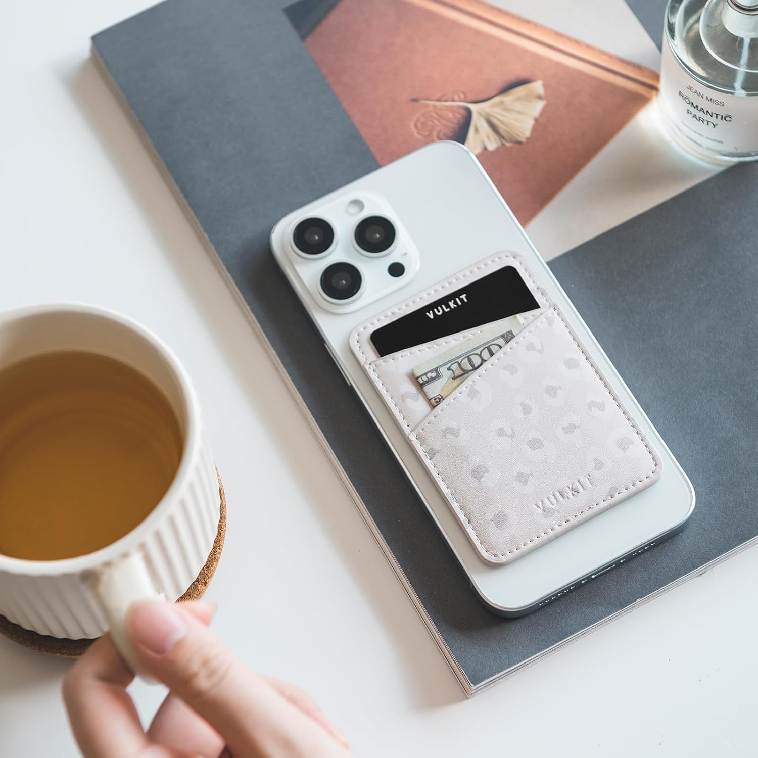 image:imageVULKIT Phone Card Holder Wallet Leather Adhesive Pocket RFID Blocking Credit Card Sleeves Stick Back of Phone SmartphonesLeopard