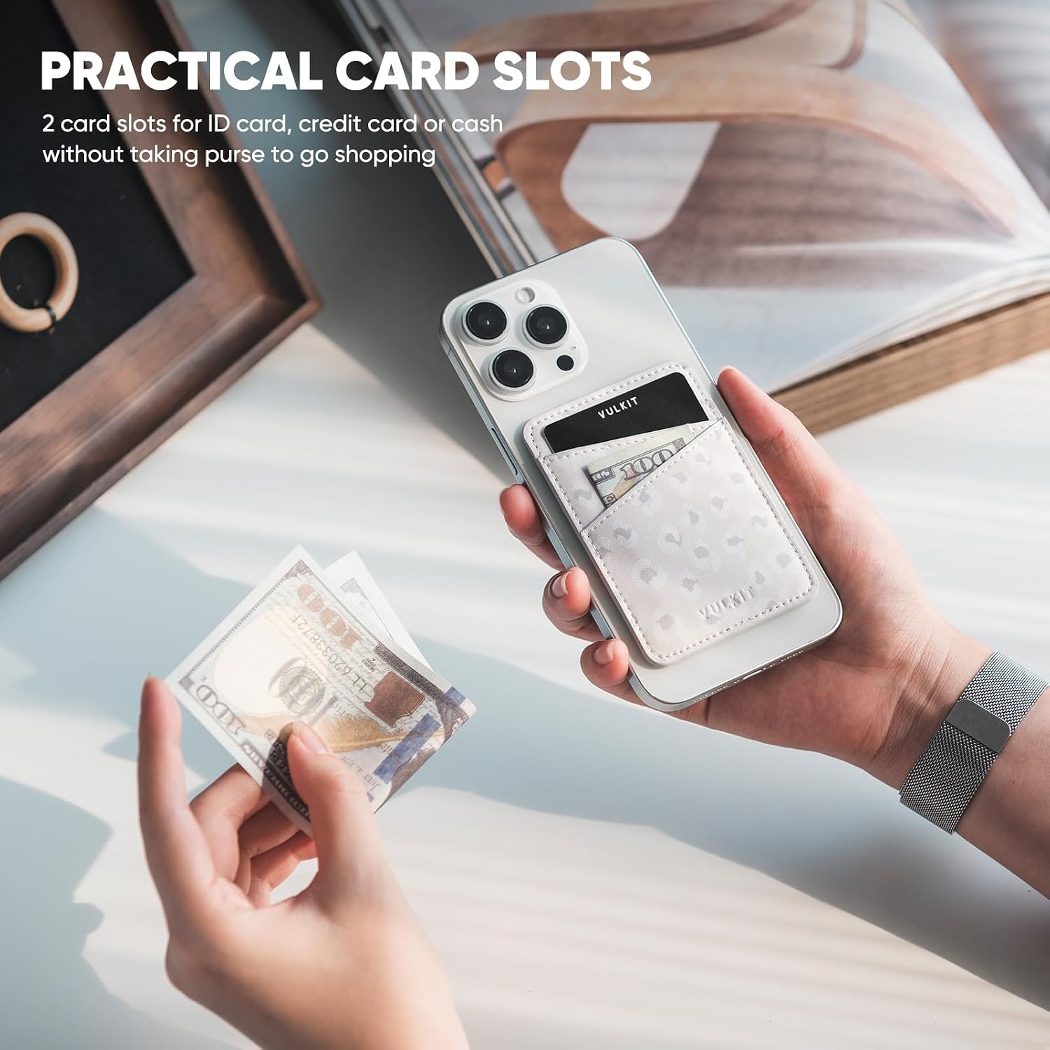 image:imageVULKIT Phone Card Holder Wallet Leather Adhesive Pocket RFID Blocking Credit Card Sleeves Stick Back of Phone SmartphonesLeopard