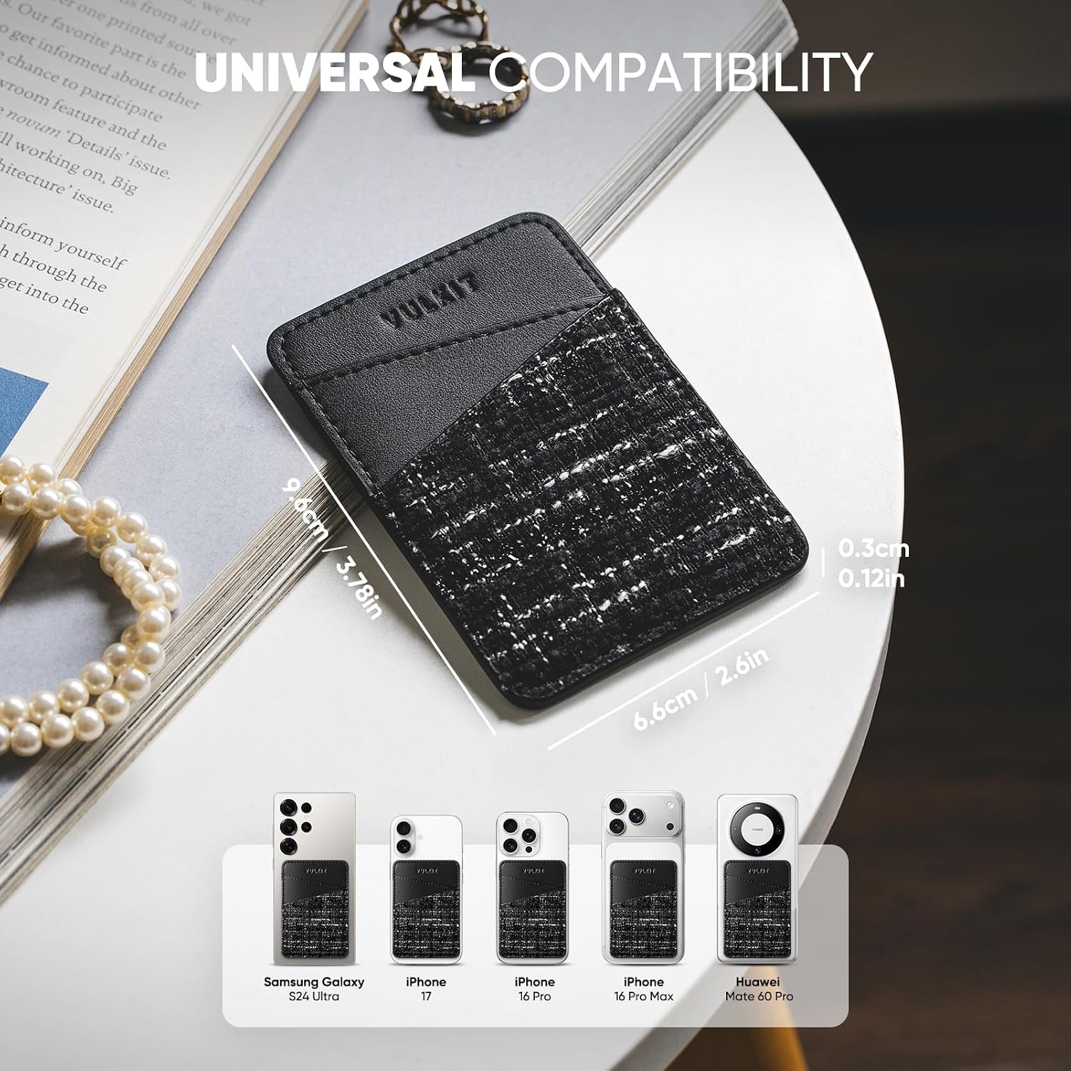 image:imageVULKIT Phone Card Holder Wallet Leather Adhesive Pocket RFID Blocking Credit Card Sleeves Stick Back of Phone SmartphonesTweed Black
