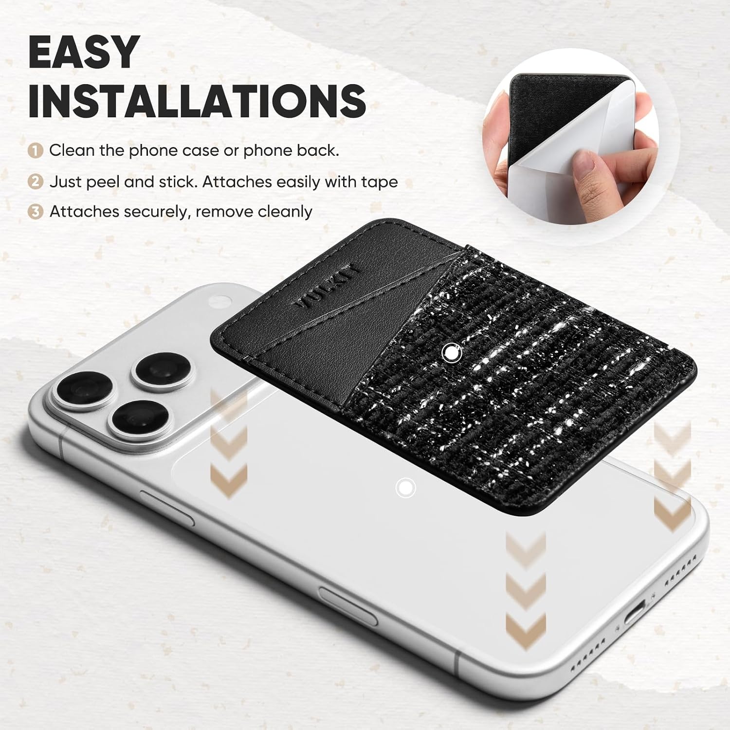 image:imageVULKIT Phone Card Holder Wallet Leather Adhesive Pocket RFID Blocking Credit Card Sleeves Stick Back of Phone SmartphonesTweed Black