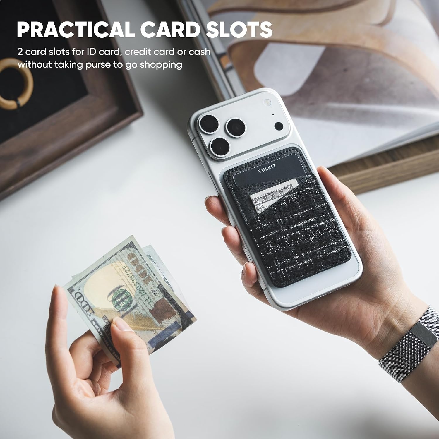 image:imageVULKIT Phone Card Holder Wallet Leather Adhesive Pocket RFID Blocking Credit Card Sleeves Stick Back of Phone SmartphonesTweed Black