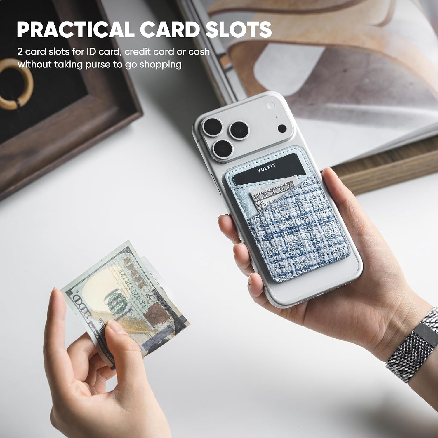 image:imageVULKIT Phone Card Holder Wallet Leather Adhesive Pocket RFID Blocking Credit Card Sleeves Stick Back of Phone SmartphonesTweed Blue