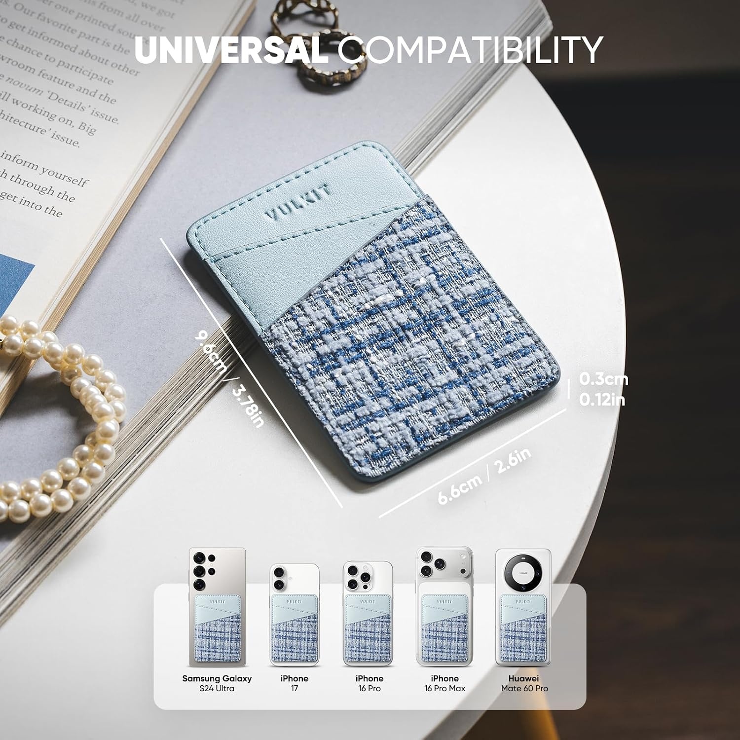 image:imageVULKIT Phone Card Holder Wallet Leather Adhesive Pocket RFID Blocking Credit Card Sleeves Stick Back of Phone SmartphonesTweed Blue