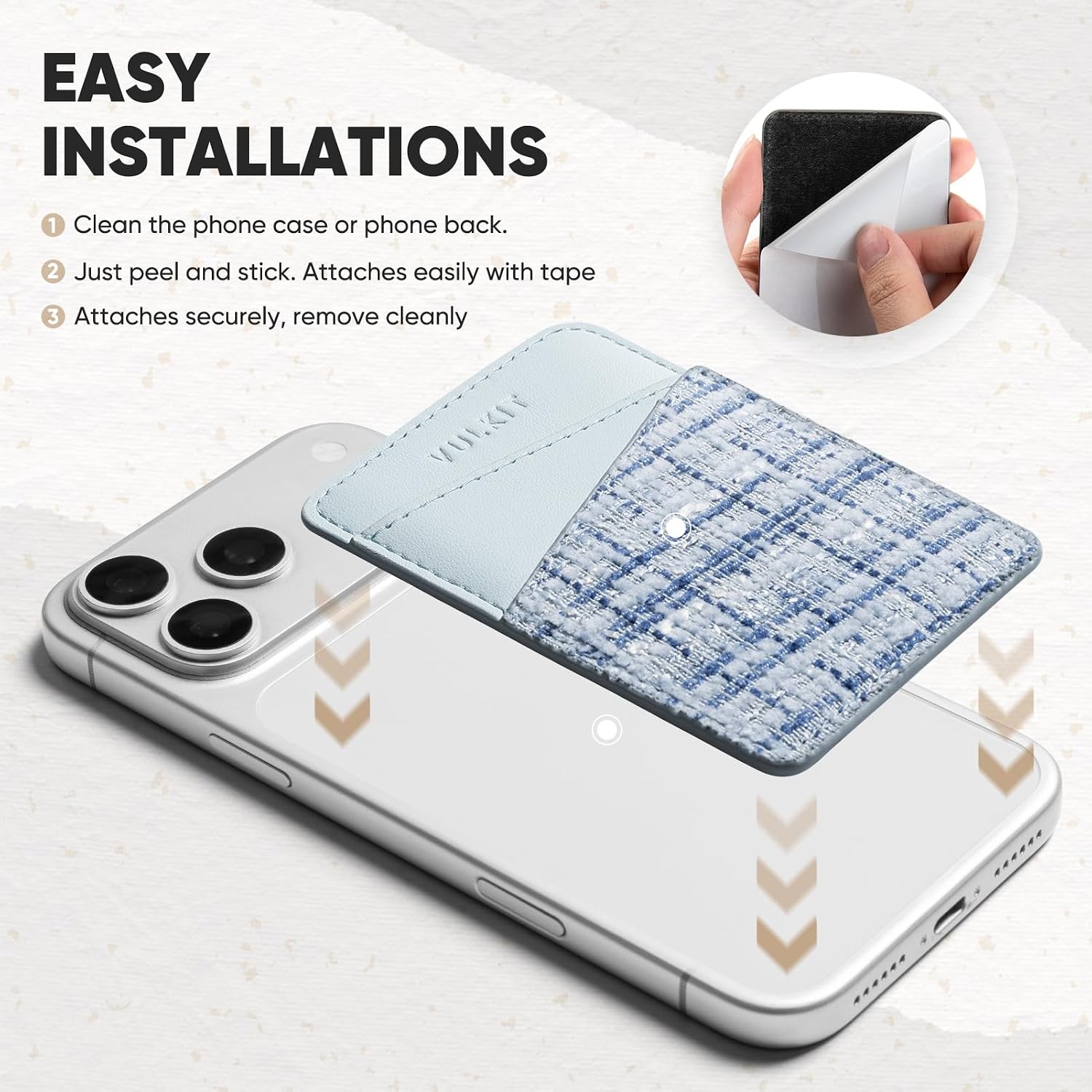 image:imageVULKIT Phone Card Holder Wallet Leather Adhesive Pocket RFID Blocking Credit Card Sleeves Stick Back of Phone SmartphonesTweed Blue