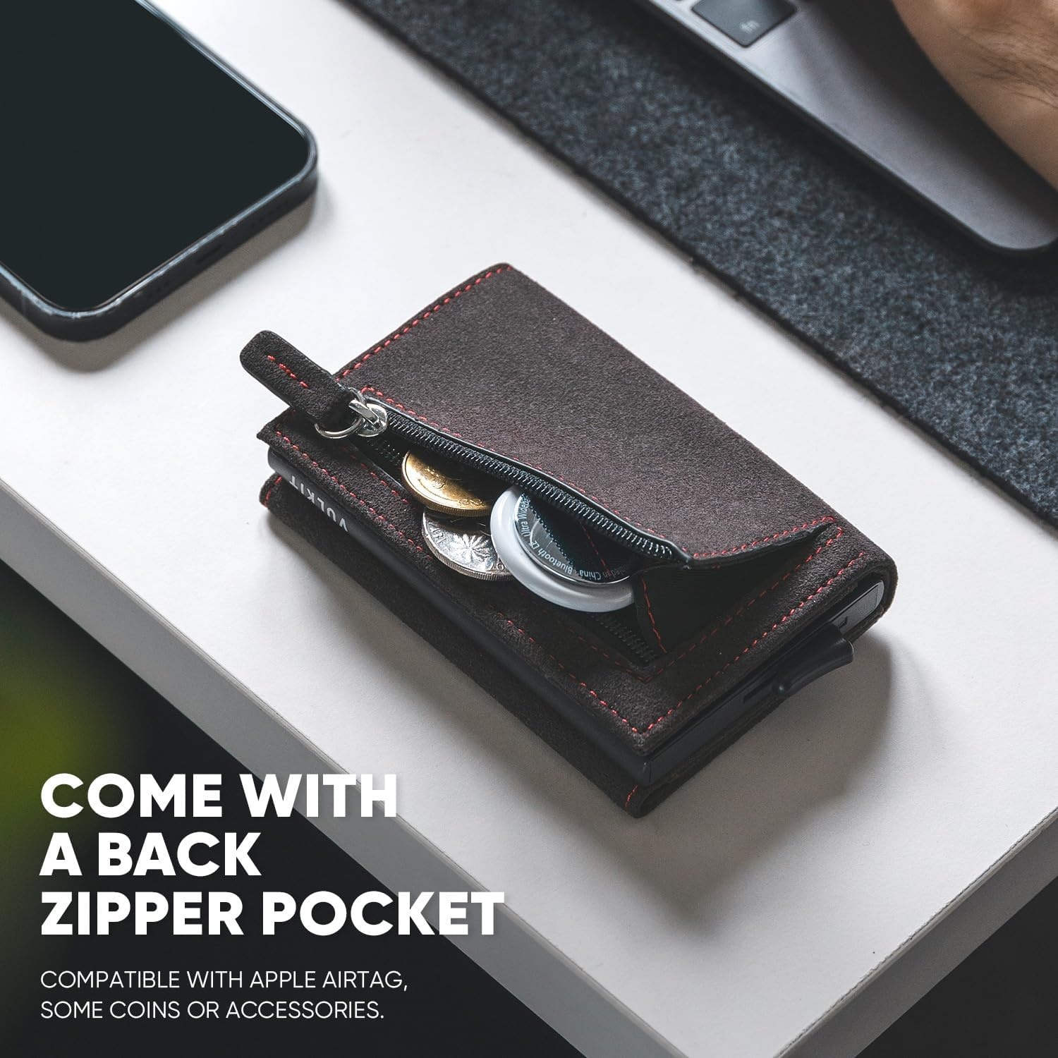 image:imageVULKIT Pop up Wallet for Women Leather Trifold Wallets RFID AntiTheft Credit Card Holder Minimalist Coin Pocket ID Window Cash Slot Magnetic Closure Alcantara Dark Grey