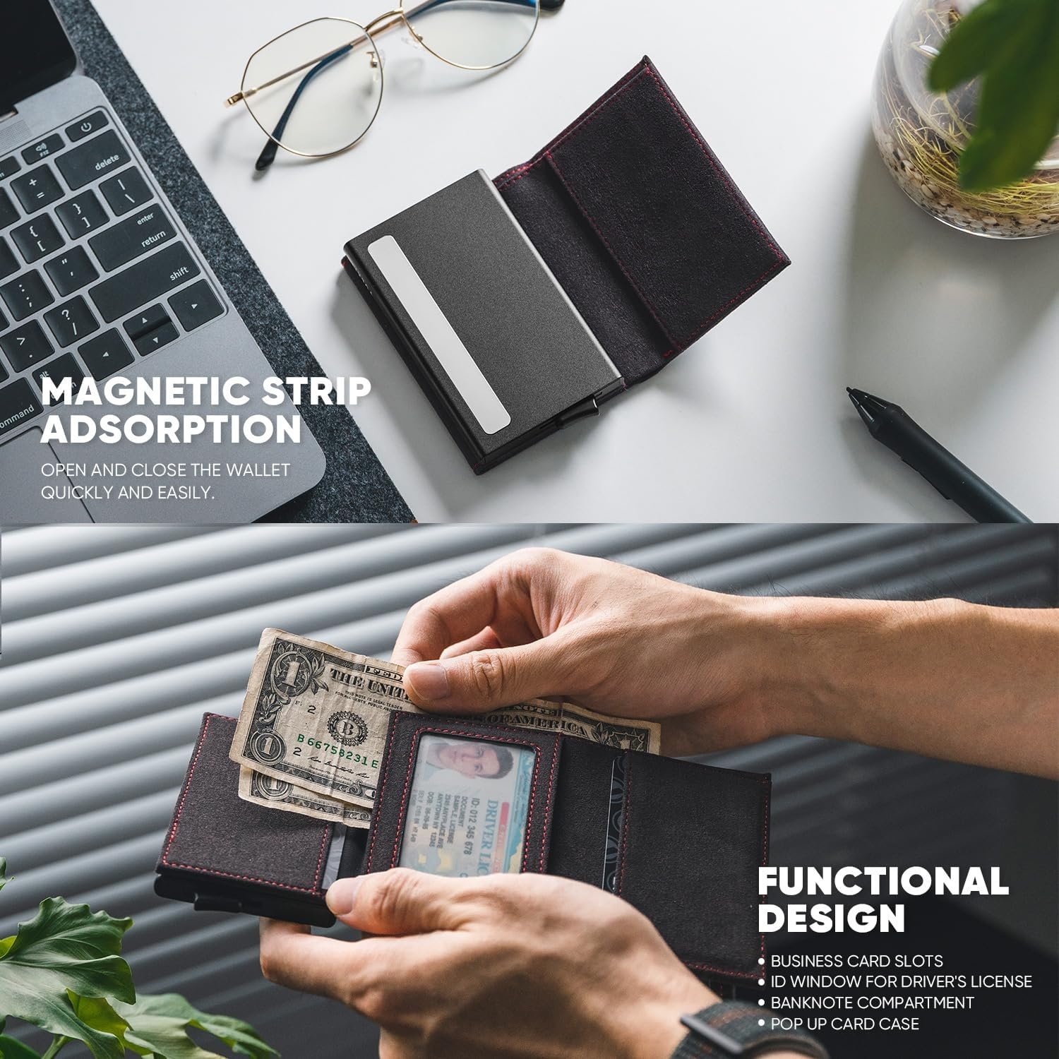 image:imageVULKIT Pop up Wallet for Women Leather Trifold Wallets RFID AntiTheft Credit Card Holder Minimalist Coin Pocket ID Window Cash Slot Magnetic Closure Alcantara Dark Grey