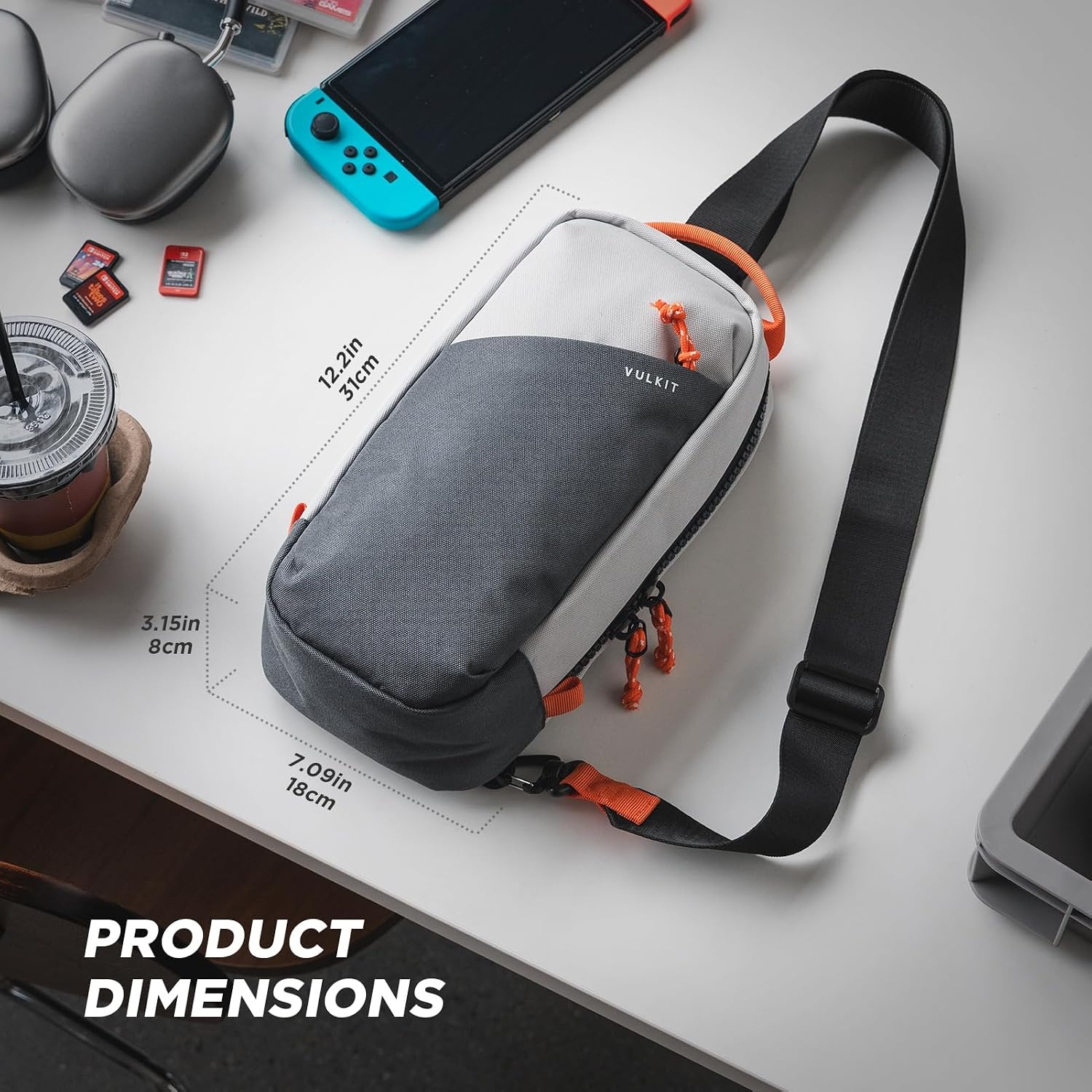 image:imageVULKIT Sling Crossbody Bag Protective Travel Carrying Case with 8 Game Card Slots Large Capacity Adjustable Shoulder StrapGray