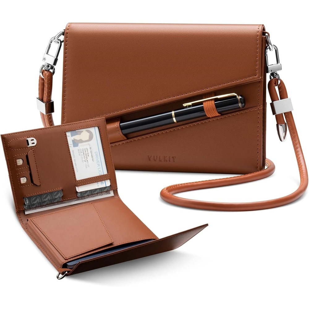 image:imageVULKIT Passport Wallet for Travel Women with Detachable Lanyard RFID Blocking Leather Slim Passport Holder for Travel Essentials BrownBrown