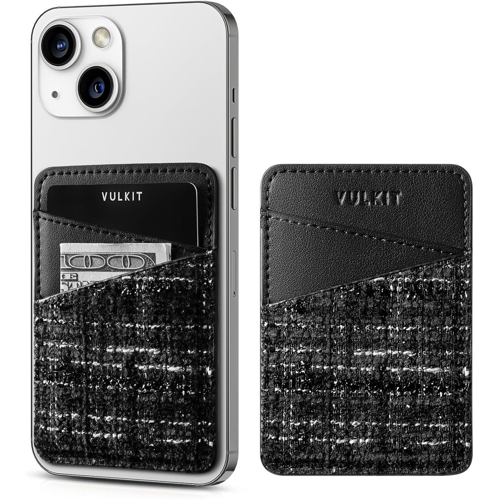 image:imageVULKIT Phone Card Holder Wallet Leather Adhesive Pocket RFID Blocking Credit Card Sleeves Stick Back of Phone SmartphonesTweed Black