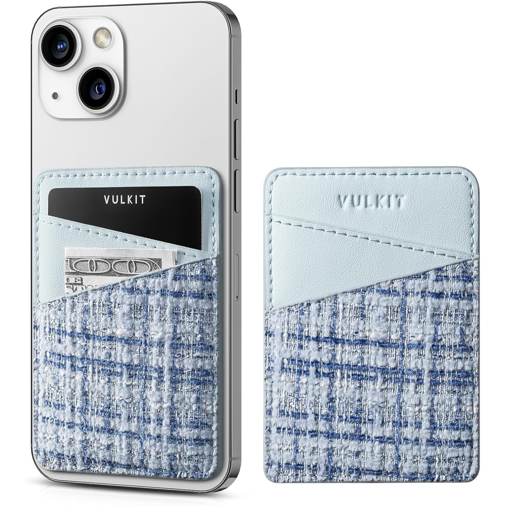 image:imageVULKIT Phone Card Holder Wallet Leather Adhesive Pocket RFID Blocking Credit Card Sleeves Stick Back of Phone SmartphonesTweed Blue