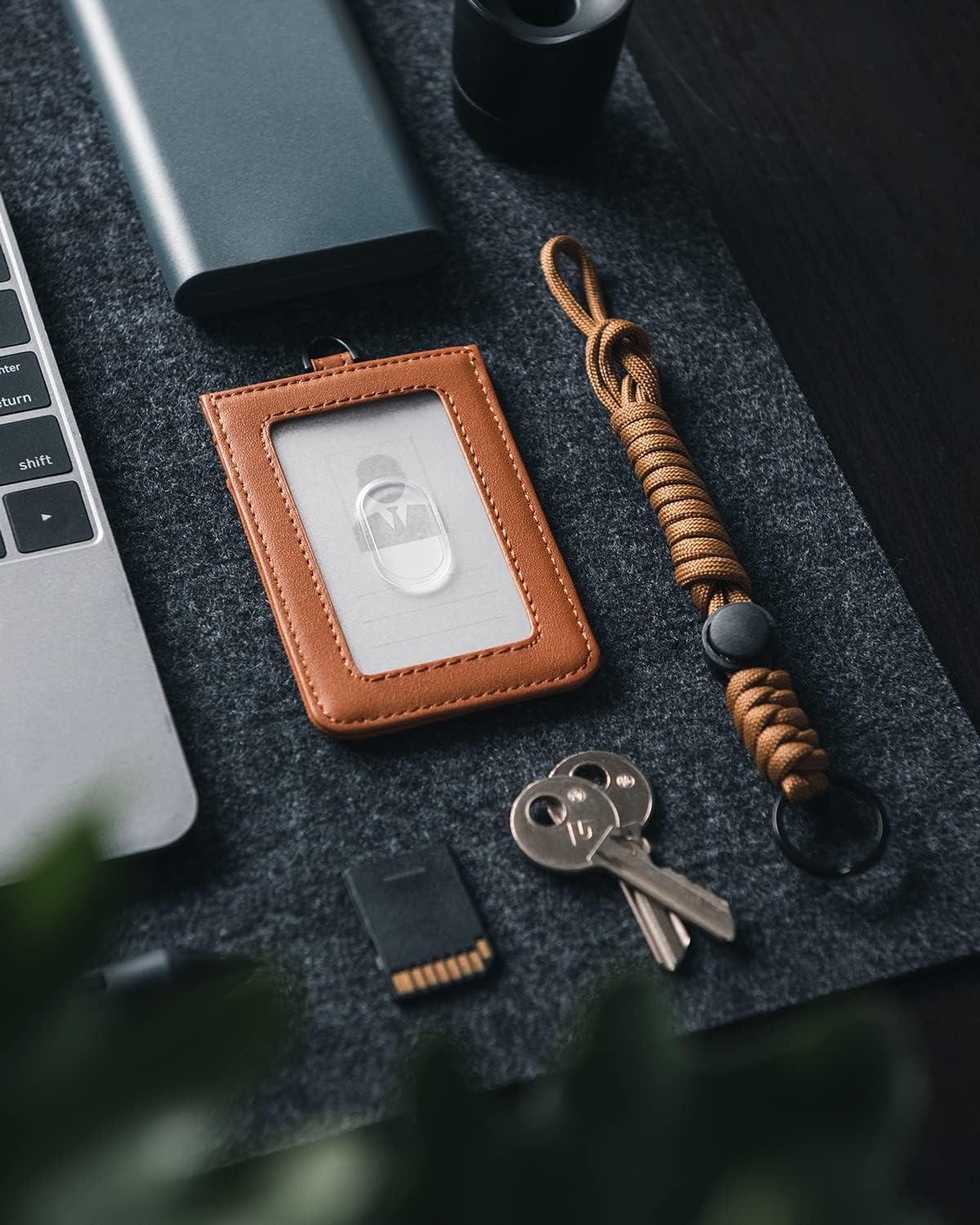 image:imageVULKIT ID Badge Holder with Lanyard for Women and Men Vertical Leather Badge Holder with Clear ID Window Card Holder Slot and Money Pocket Carbon FiberBrown