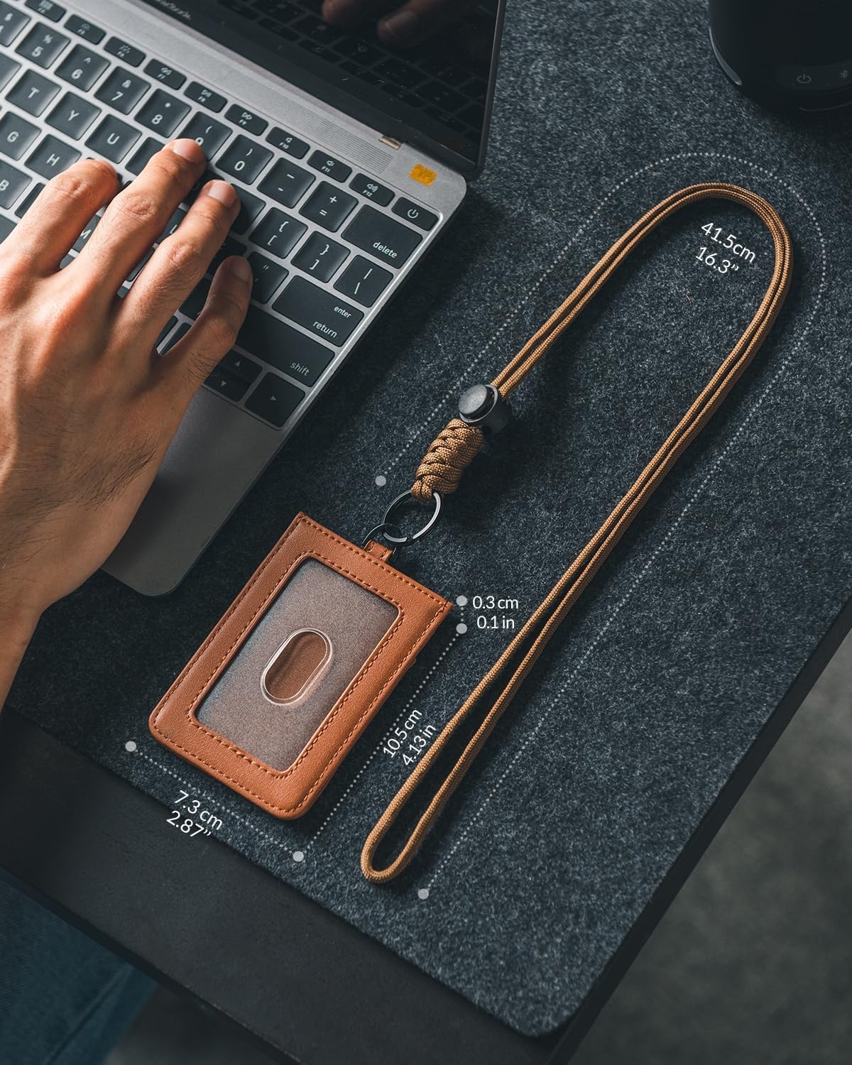 image:imageVULKIT ID Badge Holder with Lanyard for Women and Men Vertical Leather Badge Holder with Clear ID Window Card Holder Slot and Money Pocket Carbon FiberBrown
