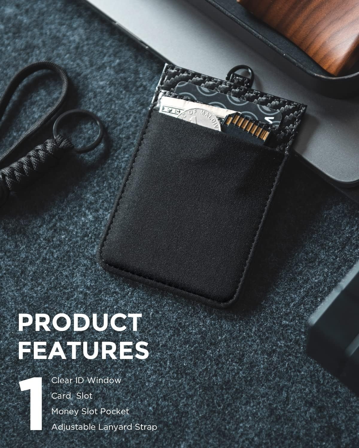 image:imageVULKIT ID Badge Holder with Lanyard for Women and Men Vertical Leather Badge Holder with Clear ID Window Card Holder Slot and Money Pocket Carbon FiberCarbon Fiber Black