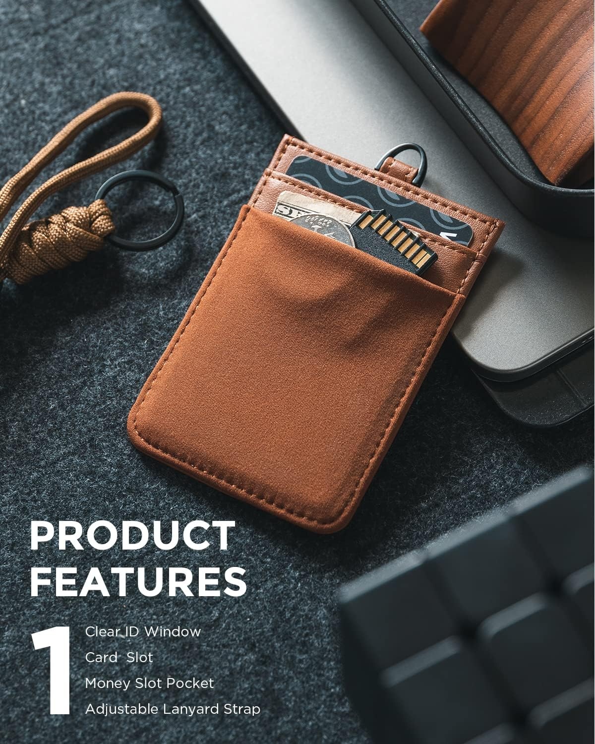 image:imageVULKIT ID Badge Holder with Lanyard for Women and Men Vertical Leather Badge Holder with Clear ID Window Card Holder Slot and Money Pocket Carbon FiberBrown