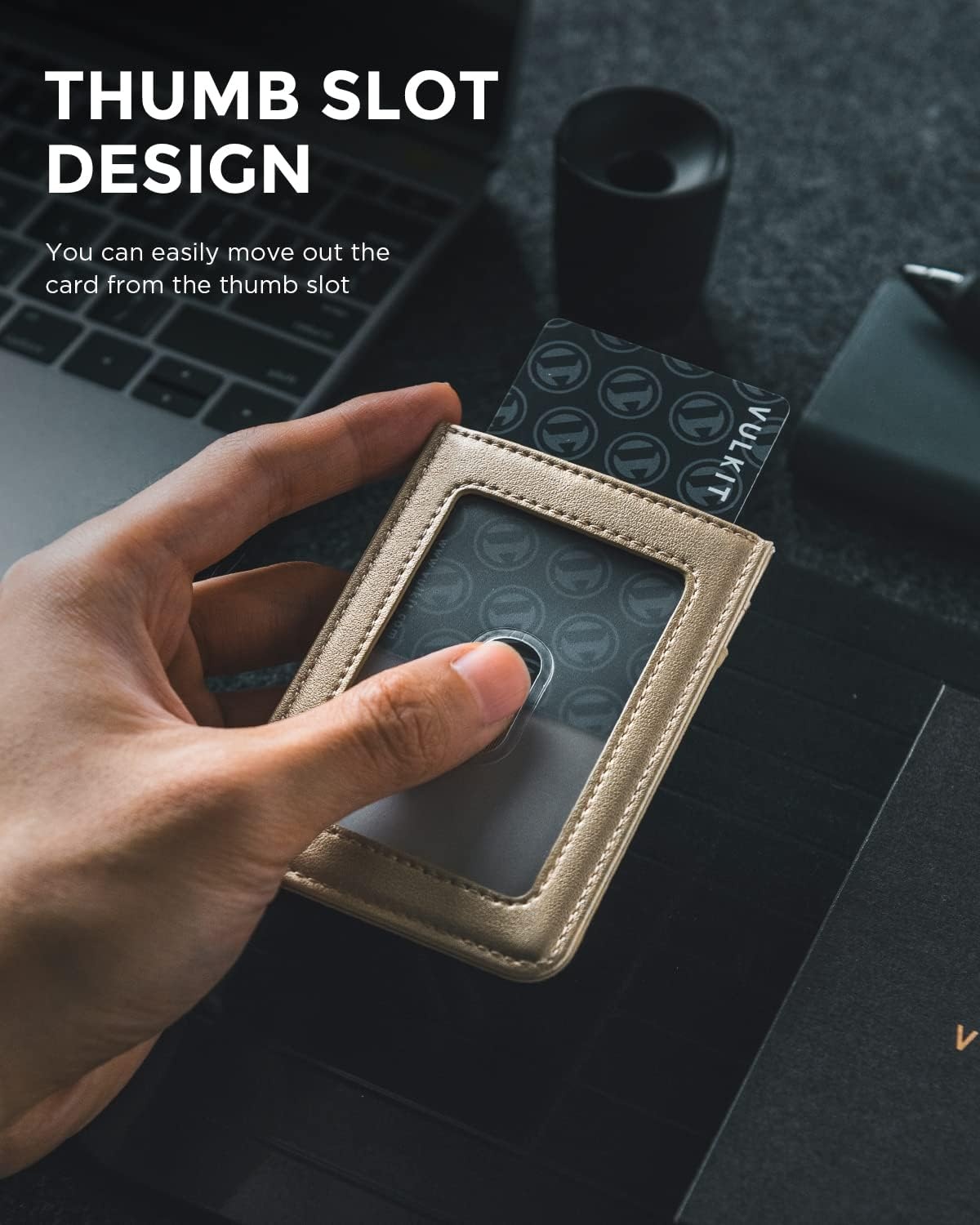 image:imageVULKIT ID Badge Holder with Lanyard for Women and Men Vertical Leather Badge Holder with Clear ID Window Card Holder Slot and Money Pocket Carbon FiberGold