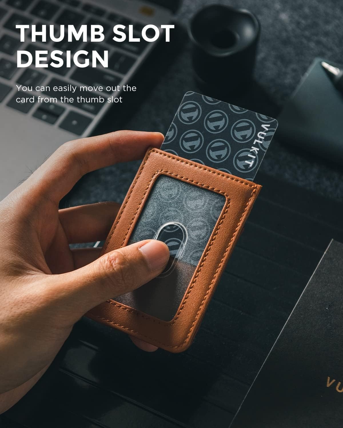 image:imageVULKIT ID Badge Holder with Lanyard for Women and Men Vertical Leather Badge Holder with Clear ID Window Card Holder Slot and Money Pocket Carbon FiberBrown