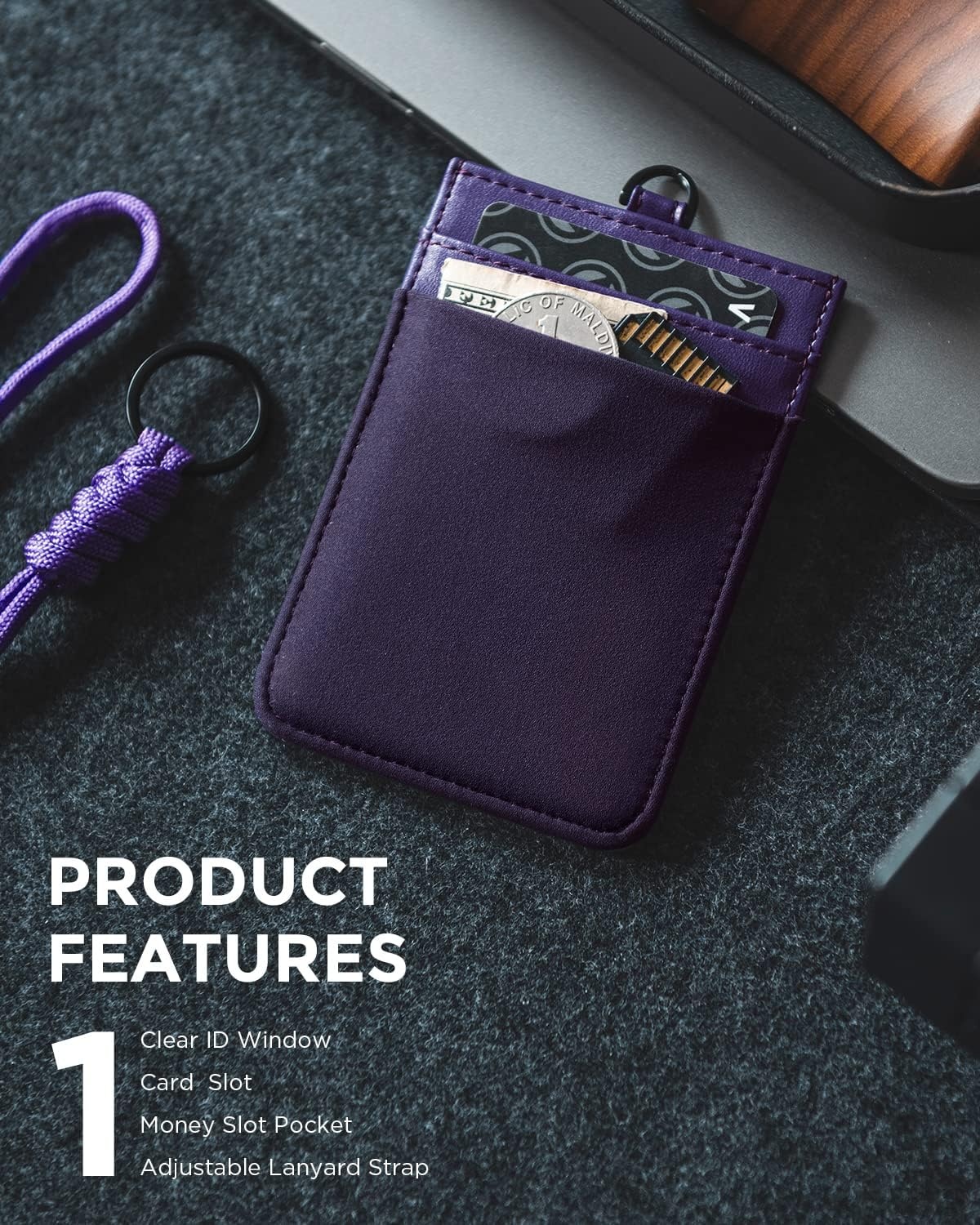 image:imageVULKIT ID Badge Holder with Lanyard for Women and Men Vertical Leather Badge Holder with Clear ID Window Card Holder Slot and Money Pocket Carbon FiberPurple
