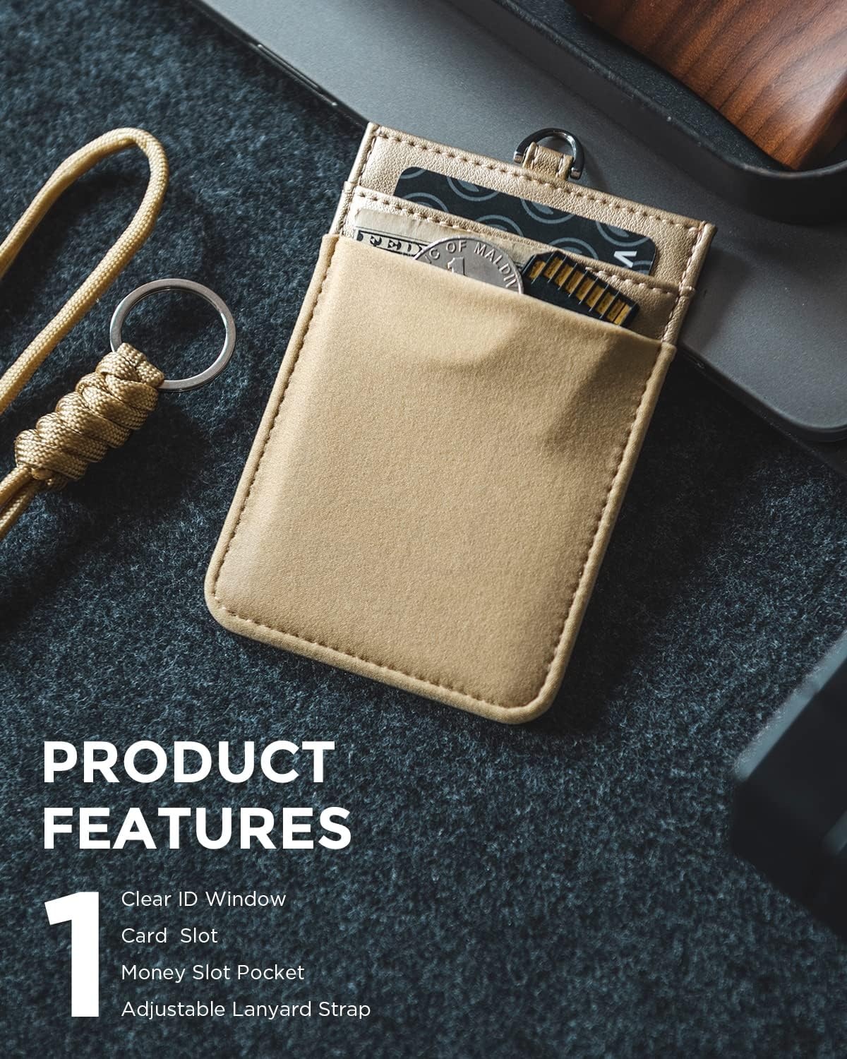 image:imageVULKIT ID Badge Holder with Lanyard for Women and Men Vertical Leather Badge Holder with Clear ID Window Card Holder Slot and Money Pocket Carbon FiberGold