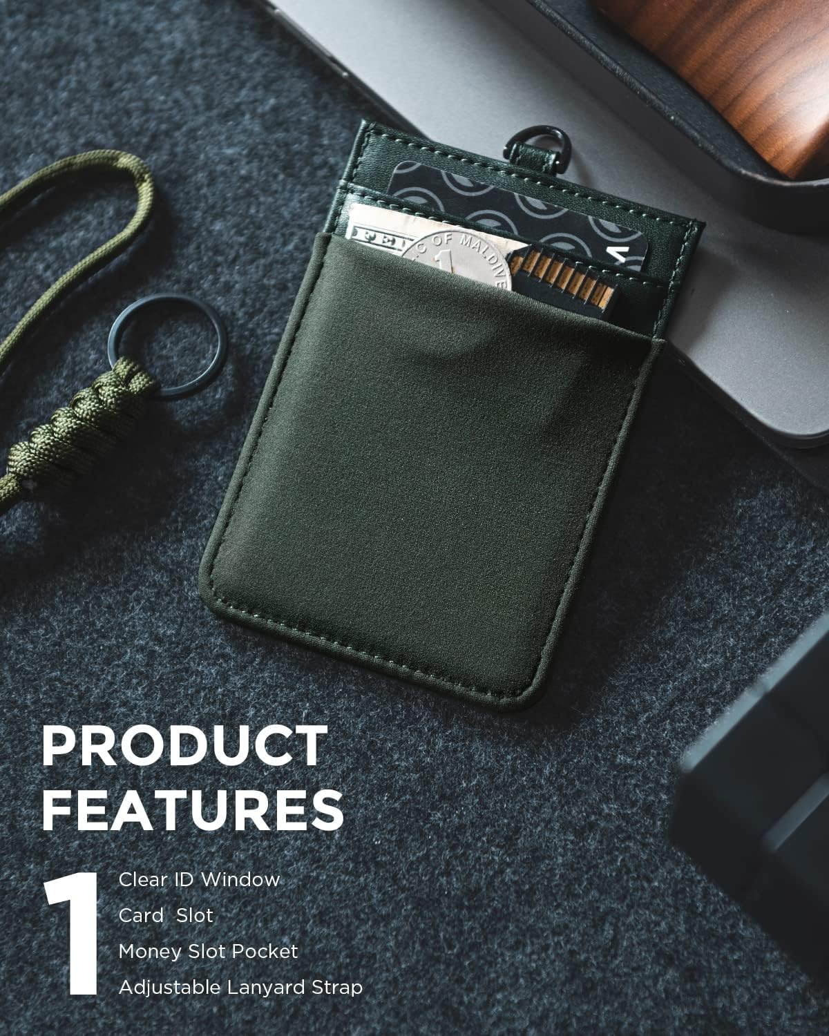 image:imageVULKIT ID Badge Holder with Lanyard for Women and Men Vertical Leather Badge Holder with Clear ID Window Card Holder Slot and Money Pocket Carbon FiberRoyal Green