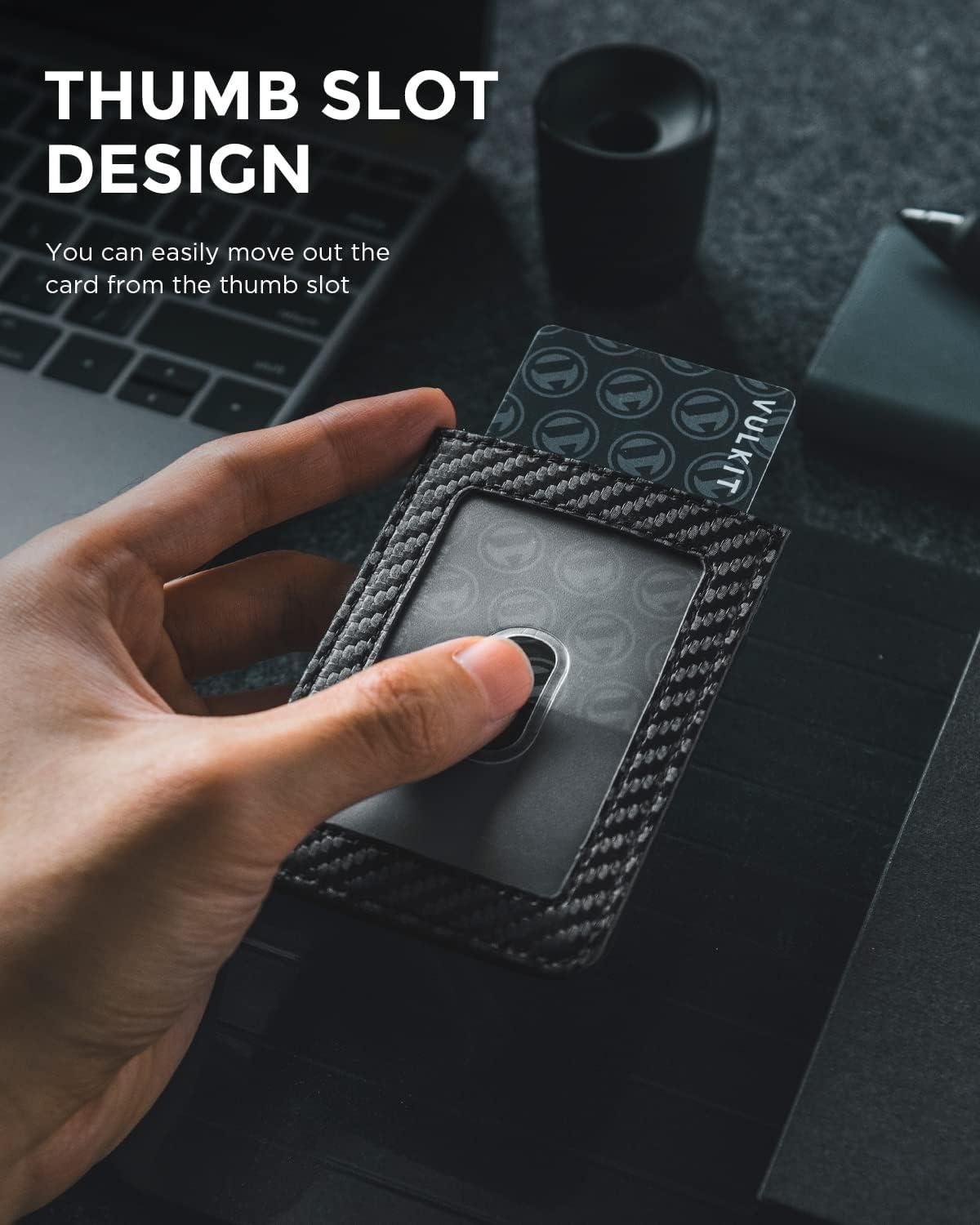 image:imageVULKIT ID Badge Holder with Lanyard for Women and Men Vertical Leather Badge Holder with Clear ID Window Card Holder Slot and Money Pocket Carbon FiberCarbon Fiber Black