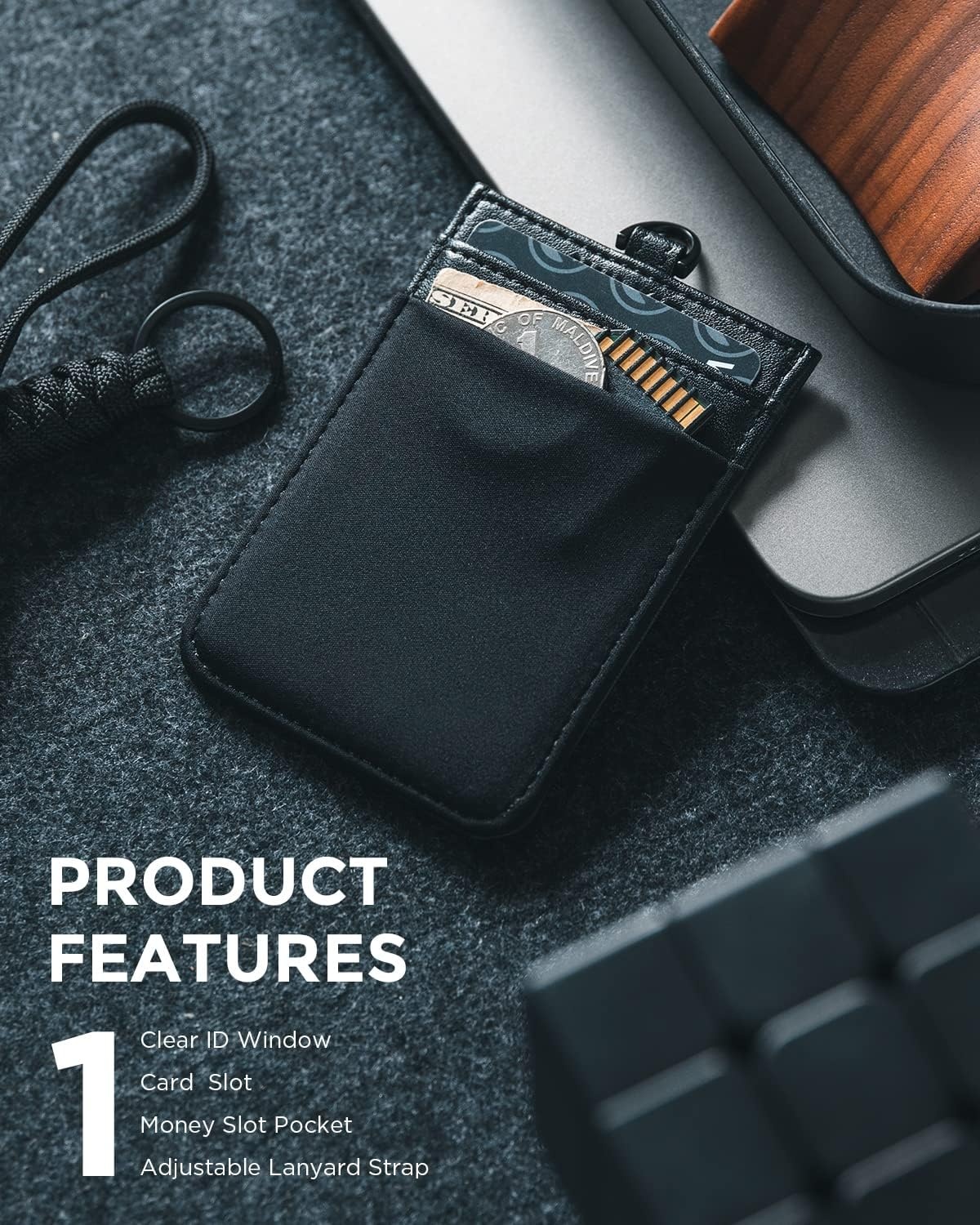 image:imageVULKIT ID Badge Holder with Lanyard for Women and Men Vertical Leather Badge Holder with Clear ID Window Card Holder Slot and Money Pocket Carbon FiberBlack