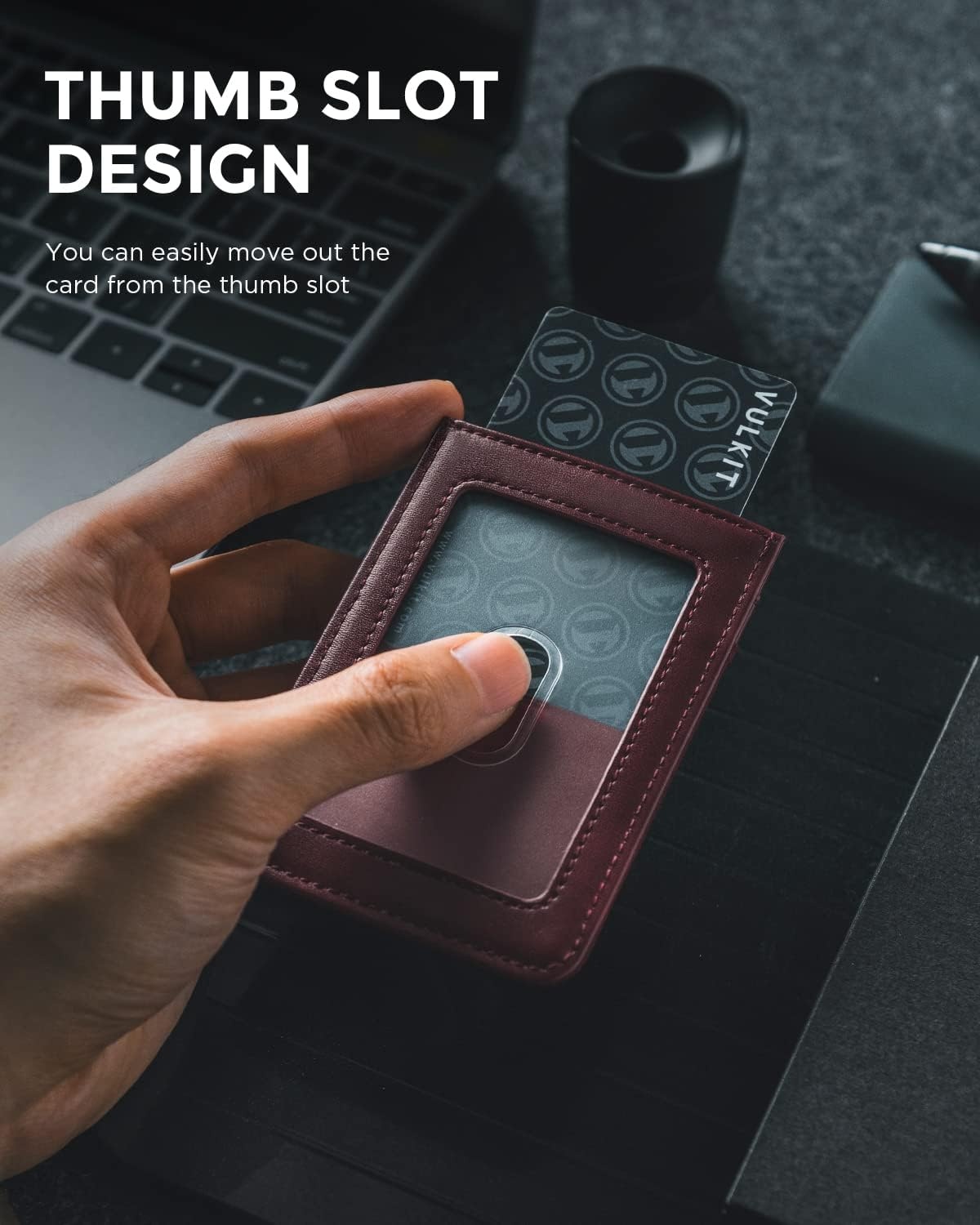 image:imageVULKIT ID Badge Holder with Lanyard for Women and Men Vertical Leather Badge Holder with Clear ID Window Card Holder Slot and Money Pocket Carbon FiberWine