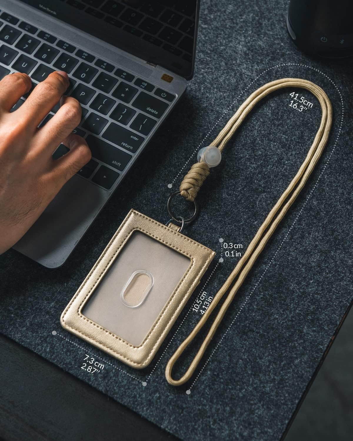 image:imageVULKIT ID Badge Holder with Lanyard for Women and Men Vertical Leather Badge Holder with Clear ID Window Card Holder Slot and Money Pocket Carbon FiberGold