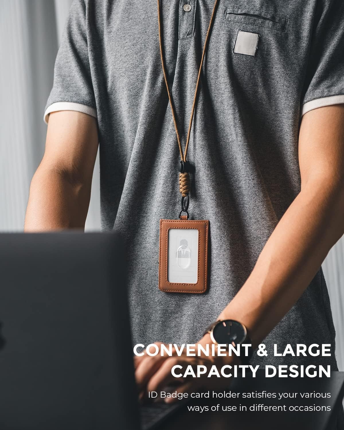image:imageVULKIT ID Badge Holder with Lanyard for Women and Men Vertical Leather Badge Holder with Clear ID Window Card Holder Slot and Money Pocket Carbon FiberBrown