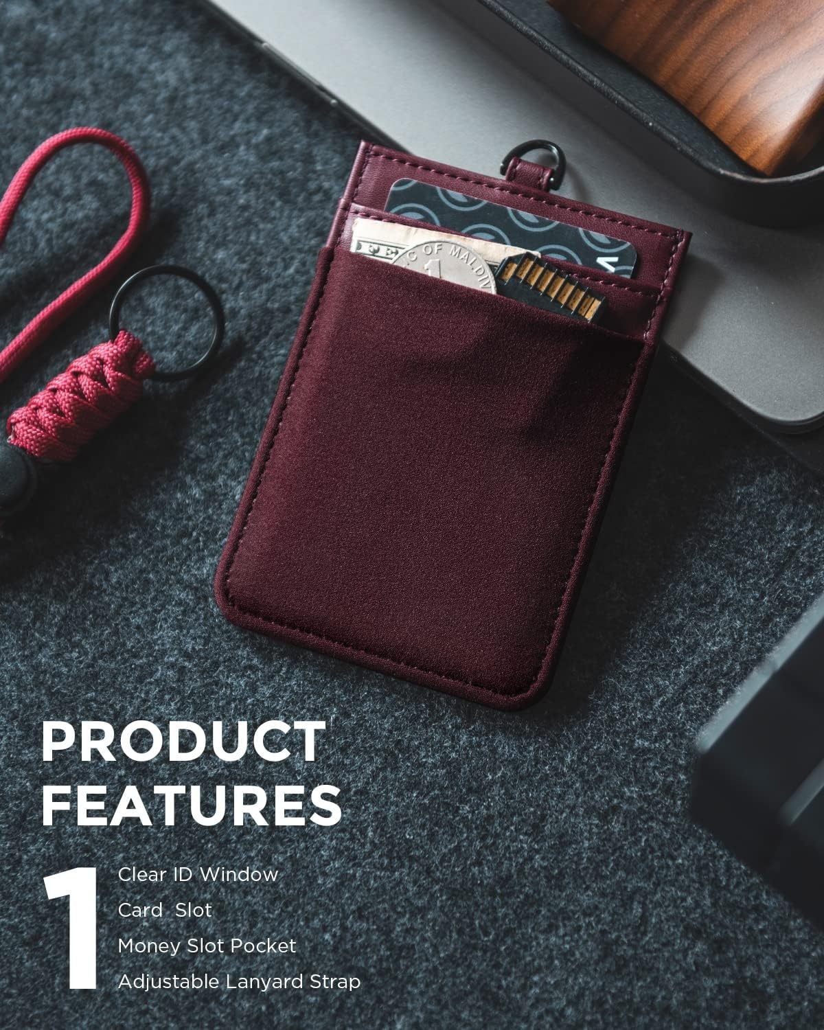 image:imageVULKIT ID Badge Holder with Lanyard for Women and Men Vertical Leather Badge Holder with Clear ID Window Card Holder Slot and Money Pocket Carbon FiberWine