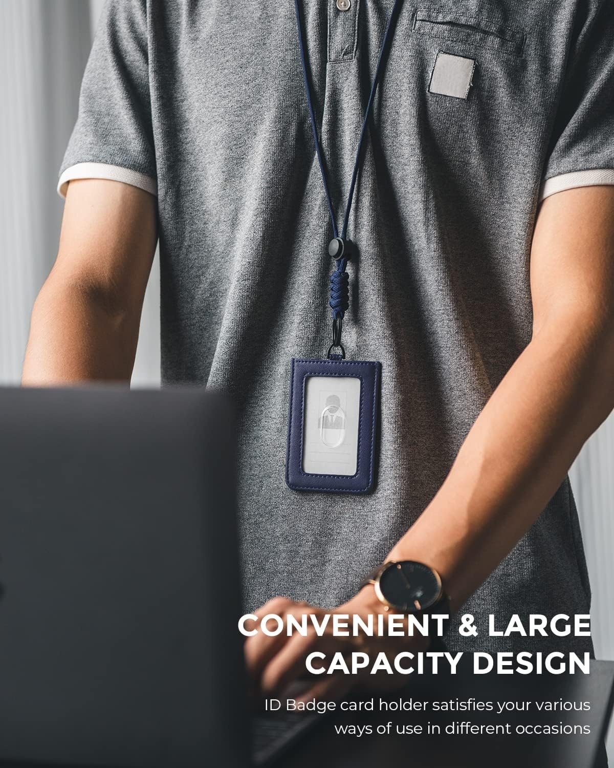 image:imageVULKIT ID Badge Holder with Lanyard for Women and Men Vertical Leather Badge Holder with Clear ID Window Card Holder Slot and Money Pocket Carbon FiberNavy