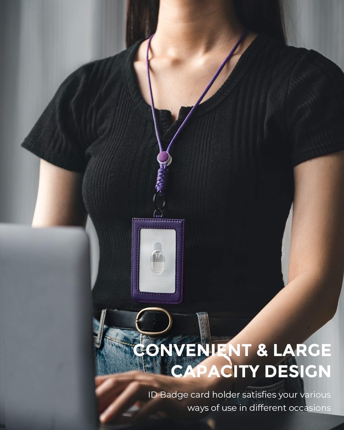image:imageVULKIT ID Badge Holder with Lanyard for Women and Men Vertical Leather Badge Holder with Clear ID Window Card Holder Slot and Money Pocket Carbon FiberPurple