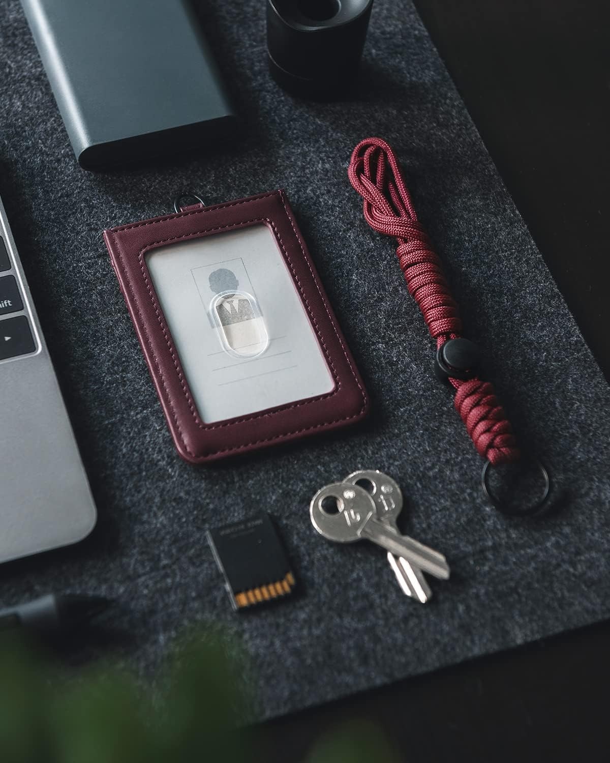 image:imageVULKIT ID Badge Holder with Lanyard for Women and Men Vertical Leather Badge Holder with Clear ID Window Card Holder Slot and Money Pocket Carbon FiberWine