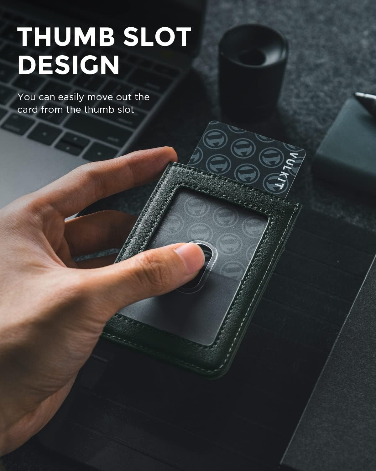 image:imageVULKIT ID Badge Holder with Lanyard for Women and Men Vertical Leather Badge Holder with Clear ID Window Card Holder Slot and Money Pocket Carbon FiberRoyal Green