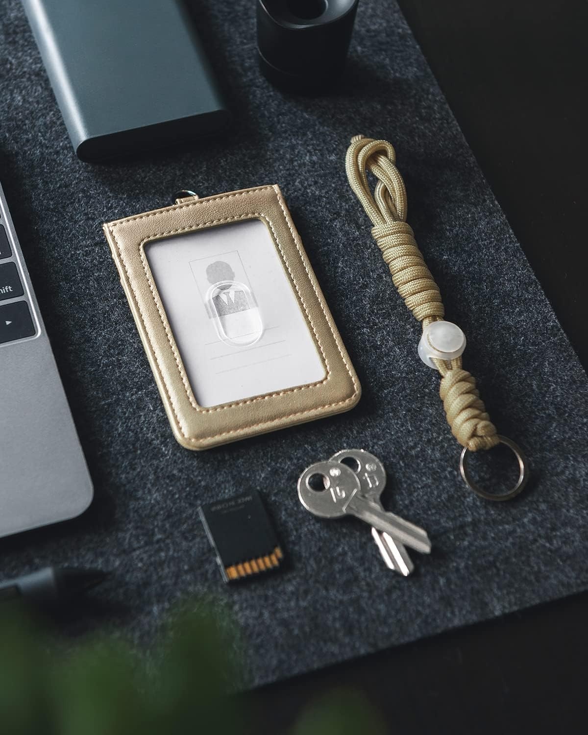 image:imageVULKIT ID Badge Holder with Lanyard for Women and Men Vertical Leather Badge Holder with Clear ID Window Card Holder Slot and Money Pocket Carbon FiberGold