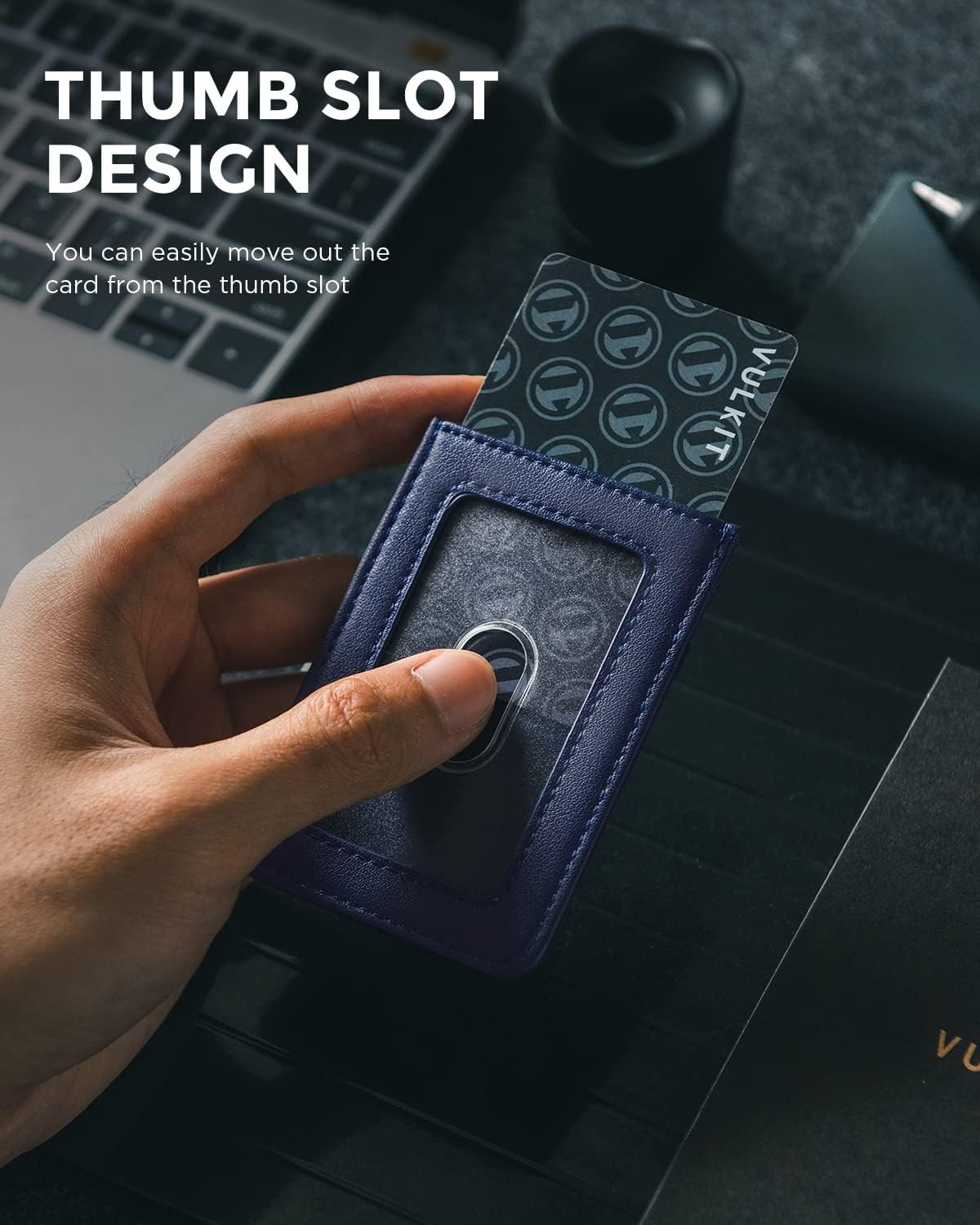 image:imageVULKIT ID Badge Holder with Lanyard for Women and Men Vertical Leather Badge Holder with Clear ID Window Card Holder Slot and Money Pocket Carbon FiberNavy