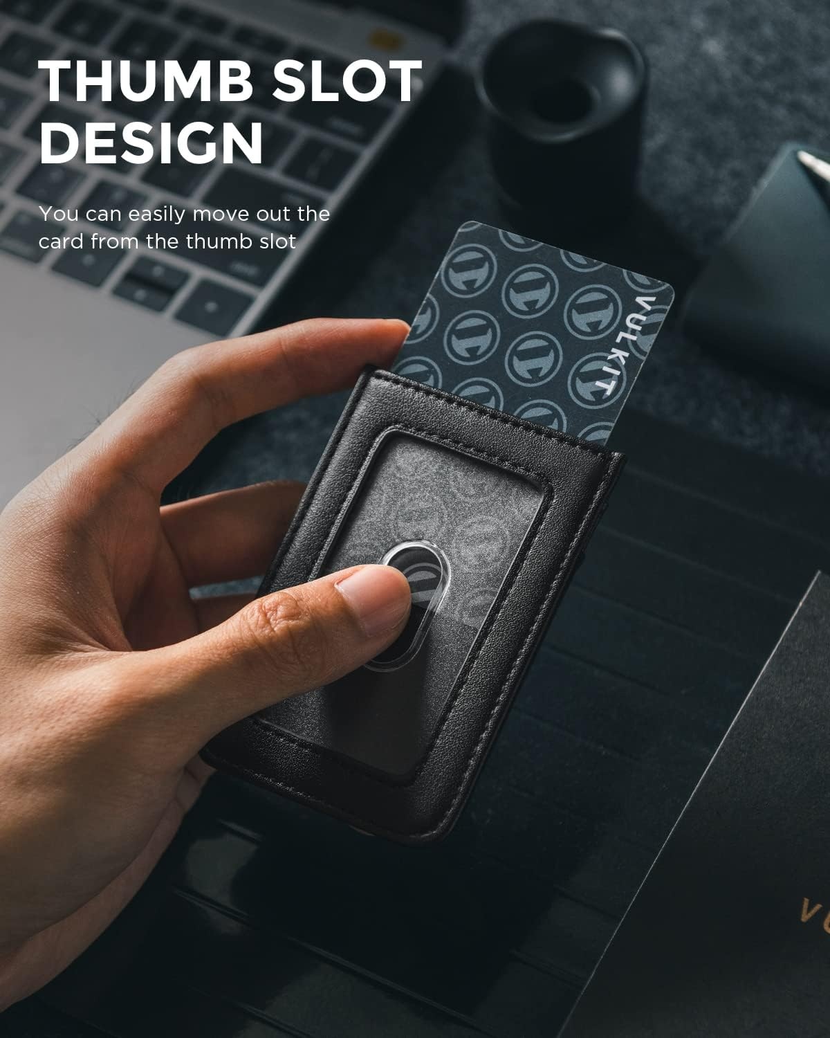 image:imageVULKIT ID Badge Holder with Lanyard for Women and Men Vertical Leather Badge Holder with Clear ID Window Card Holder Slot and Money Pocket Carbon FiberBlack
