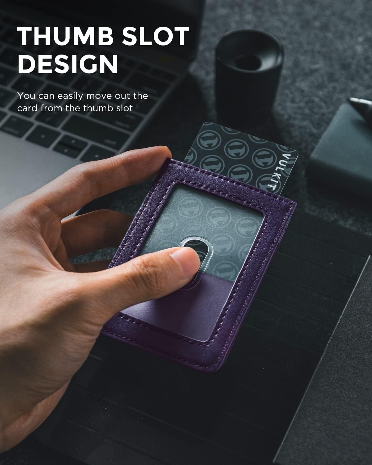 image:imageVULKIT ID Badge Holder with Lanyard for Women and Men Vertical Leather Badge Holder with Clear ID Window Card Holder Slot and Money Pocket Carbon FiberPurple