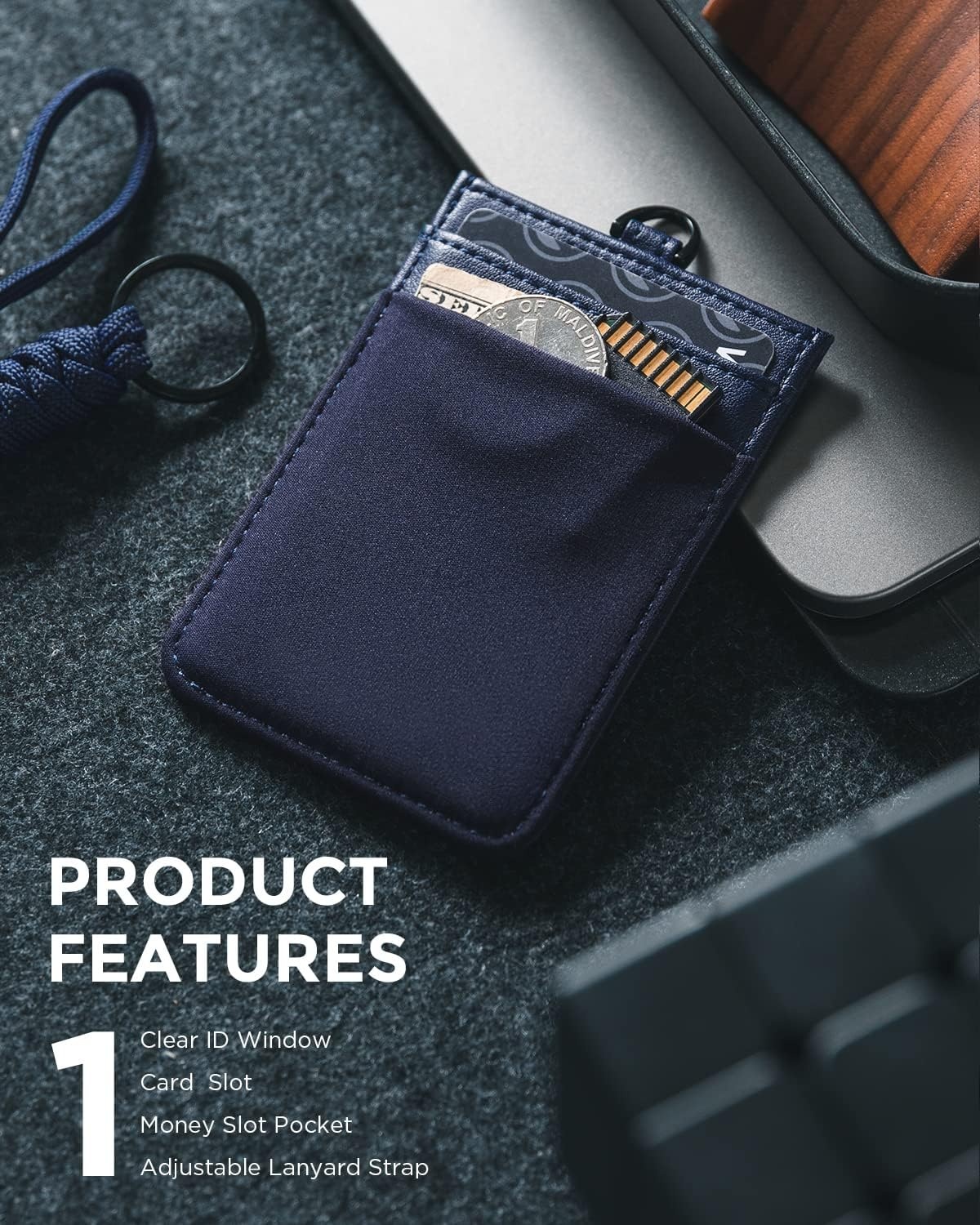 image:imageVULKIT ID Badge Holder with Lanyard for Women and Men Vertical Leather Badge Holder with Clear ID Window Card Holder Slot and Money Pocket Carbon FiberNavy