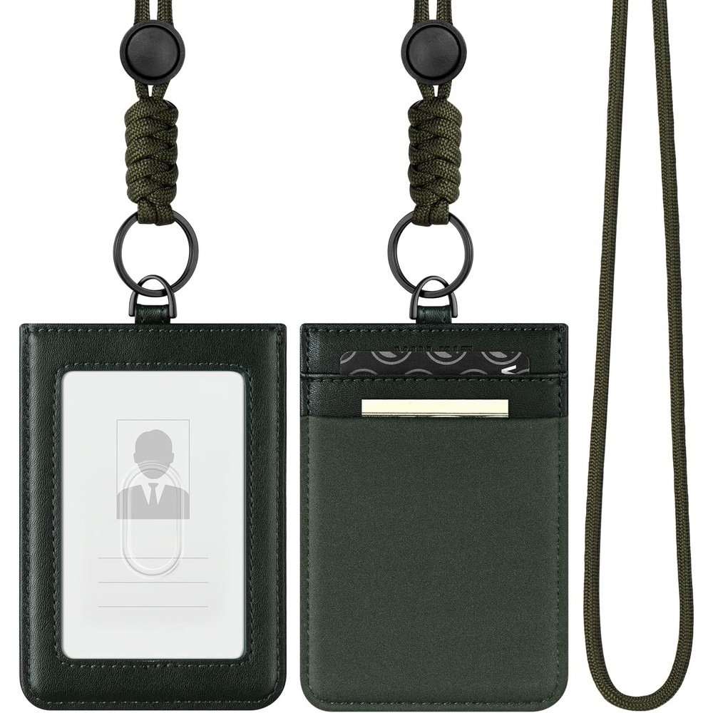 image:imageVULKIT ID Badge Holder with Lanyard for Women and Men Vertical Leather Badge Holder with Clear ID Window Card Holder Slot and Money Pocket Carbon FiberRoyal Green