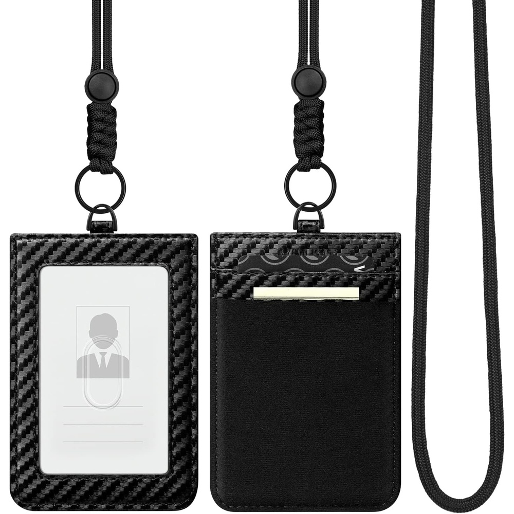 image:imageVULKIT ID Badge Holder with Lanyard for Women and Men Vertical Leather Badge Holder with Clear ID Window Card Holder Slot and Money Pocket Carbon FiberCarbon Fiber Black