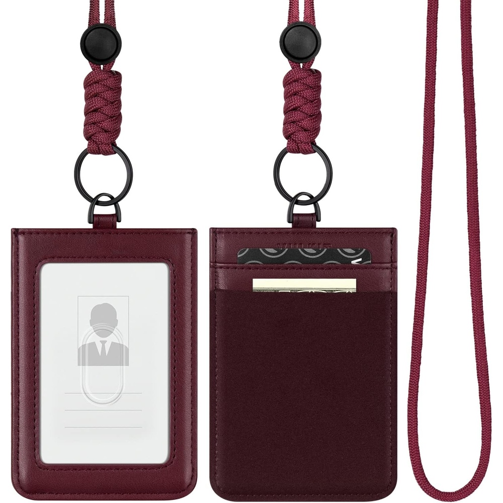 image:imageVULKIT ID Badge Holder with Lanyard for Women and Men Vertical Leather Badge Holder with Clear ID Window Card Holder Slot and Money Pocket Carbon FiberWine